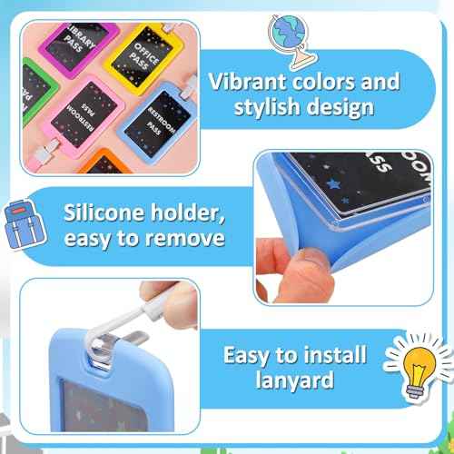 Set of 6 School Hall Pass Lanyards - 6 Color Safety Silicone Passes for Classrooms Office Student Teacher Supplies - Chalking Styles