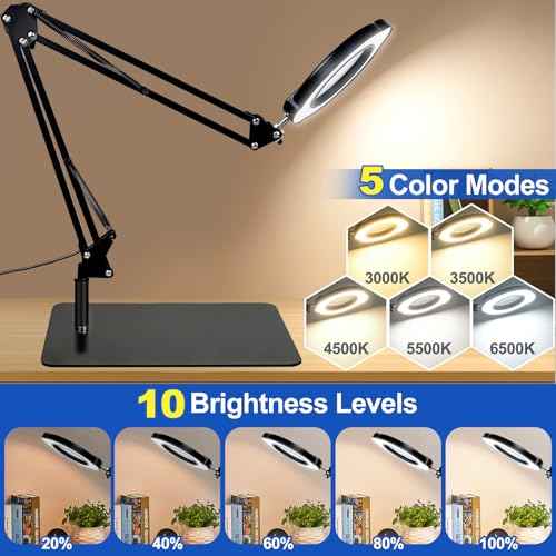 15X Magnifying Glass with Light and Stand, 2-in-1 Lighted Magnifying Desk Lamp Dimmable Magnifier Lamp with Light and Clamp Long Arm 84PCS LED Beads Real Glass Lens for Work Close Work Hobby