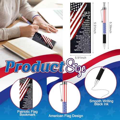 180 Pcs Veterans Day Gifts American Flag Ballpoint Pens Red White Blue Patriotic Stars Stripes Stationery Gift Silicone Wristband Bookmarks for Patriot Memorial Heroes Supplies
