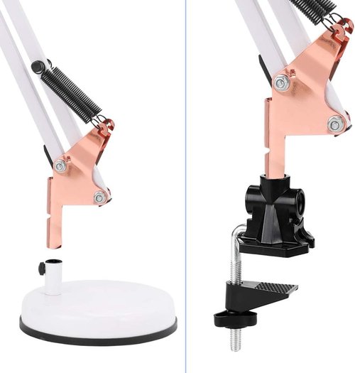 PowerKing Adjustable Metal Swing Arm Desk Lamp - 2-in-1 Function with Base & Clip | White & Rose Gold