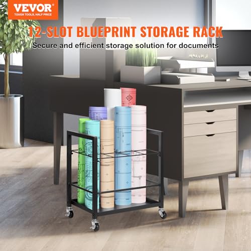 VEVOR Blueprint Storage Rack, 12 Slots Blueprint Holder with Wheels, Mobile Metal Storage Cart for Map Poster Architectural Construction Plan, Roll File Organizer for Home, Office, School