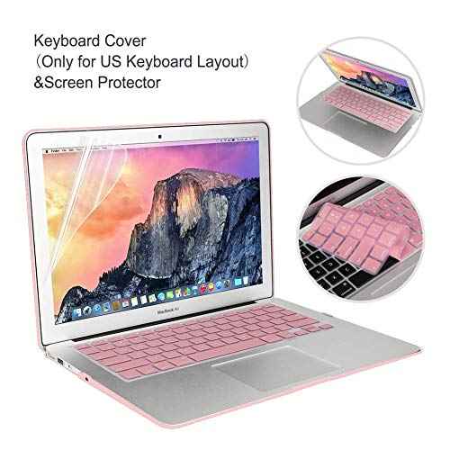 iCasso Case Compatible with MacBook Air 13 inch Case 2010-2017 Release Model A1369/A1466 Bundle Set, Plastic Hard Case Shell, Sleeve Bag, Screen Protector, Keyboard Cover and Dust Plug - Pink