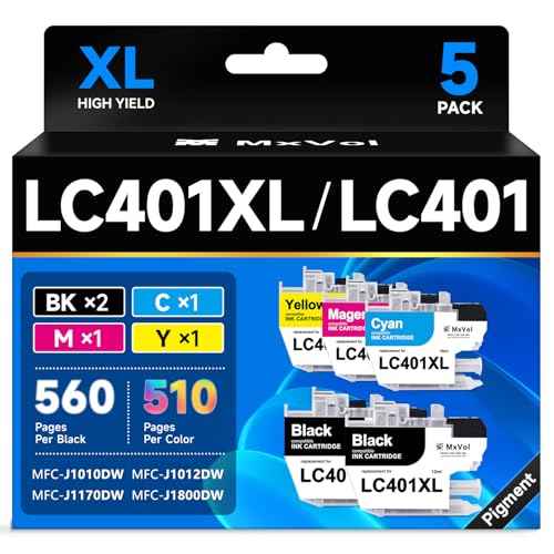 MxVol LC401XL Compatible Ink Cartridges Replacement for Brother LC401 LC-401XL LC-401 High Yield for MFC-J1010DW MFC-J1170DW MFC-J1800DW MFC-J1012DW Printer Ink (2-Black Cyan Magenta Yellow, 5-Pack)