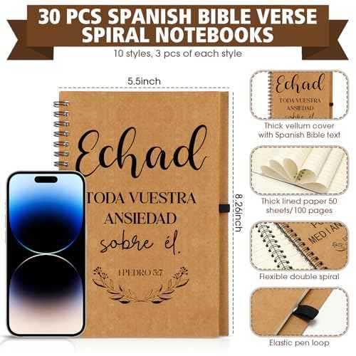 60 Pcs/30 Sets Regalos Cristianos En Espa?ol Spanish Christian Notebooks with Pen Spanish Religious Gift Bulk Motivational Journals Inspirational Pen Thank You Gift for Church (Kraft Color)