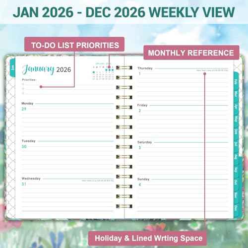 2026 Planner - 2026 Planner Weekly and Monthly, JAN 2026 - DEC 2026, Weekly And Monthly Planner 2026 with 12-Month Tabs, 6.3" x 8.4", Planner/Calendar 2026 with Hardcover, Back Pocket,Twin-Wire Binding, Thick Papers, Beautiful Flowers