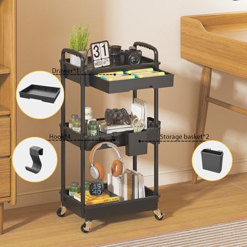 LLMRR 3-Tier Black Rolling Utility Cart with Drawer & Hooks - Multi-Purpose Storage