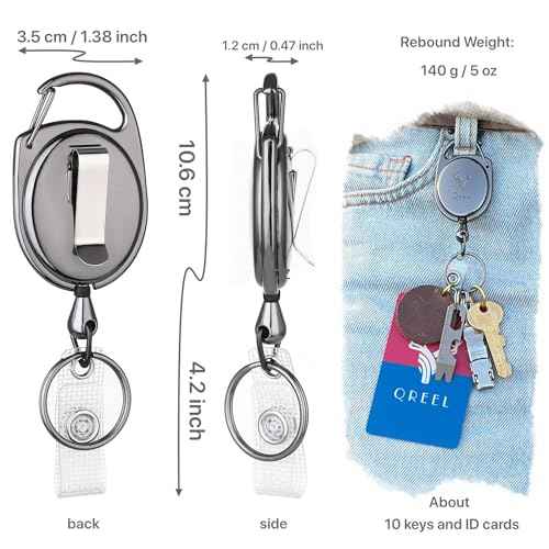 QREEL Heavy Duty Badge Reel, Metal Retractable Keychain, Steel Cord Retractable Badge Holder with Carabiner, Belt Clip and Key Ring (Gun Grey, All Metal Case, 2 Pack)