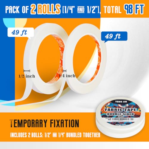 Double-Sided Fabric Tape,Hem Tape No Sew Iron,1/4"+1/2" (2 Rolls)
