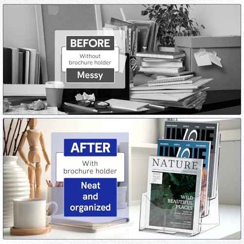 MYFULLY 3 Tier Acrylic Brochure Holder 8.5 x 11 Inch 2 Pack, Clear Literature Display Stand with Removable Divider for 4 x 9 Inch Pamphlets, Multi-Purpose Wall Mount or Countertop Organizer
