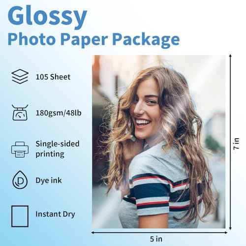 5x7 Glossy Photo Paper, 105 Sheets Picture Paper for Inkjet Printer, Instant Dry, for DIY Chip Bag, Flyers, Cards, Calendars and Brochures (180gsm/48lb)
