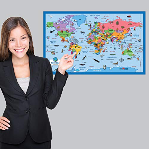 Laminated 2-Pack Kids World & USA Map Posters - 18x29 Inches, Illustrated