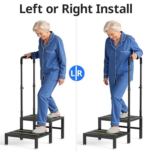 Josmimic 2 Step Stool with Handle - Heavy Duty Non-Slip Bedside Stool (Black, Adjustable Handrail)