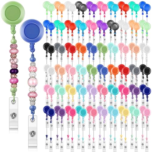 Sayglossy 100 Pcs Beadable Badge Reel Retractable Clips Holder for Beads Bulk Blank Bar ID Name Badge Reels with Belt Clip Beadable Items Jewelry DIY Gift for Nurse Teacher Office Supplies