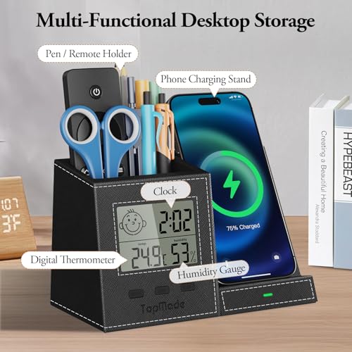 TopMade Wireless Charger with Pen Holder, Leather Desk Nightstand Organizer Home Office Supplies Pencil Holder Fast Charging Station, Digital Thermometer and Humidity Gauge Gifts for Men(Black)