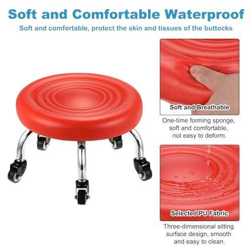 PATIKIL Low Rolling Stool with Wheels PU Leather Low Roller Seat Chair for Home Office Garage Shop, Red