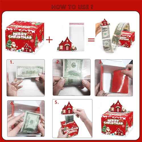 Christmas Money Box for Cash Gift Pull, Money Gift Boxes for Cash with Pull Out Surprise Merry Christmas Box Holder with 50Pcs Transparent Bags for Women Men Girls Boys Mom Dad Friend