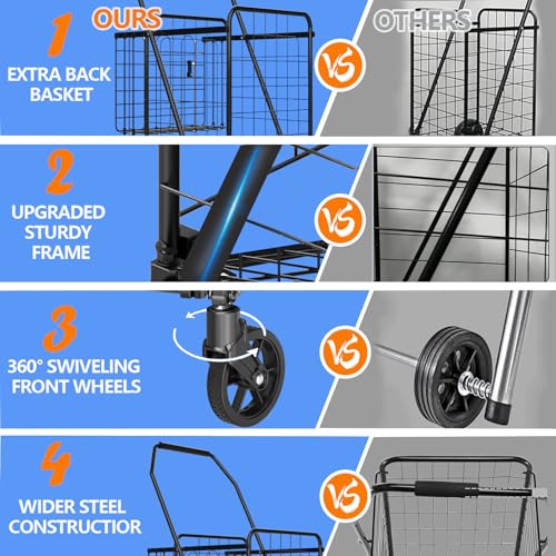 Heavy-Duty Folding Shopping Cart with Waterproof Liner & 360¡Æ Swivel Wheels | Collapsible Grocery Cart for Easy Transport, Ideal for Laundry, Shopping, and Travel ? 132 LBS Capacity