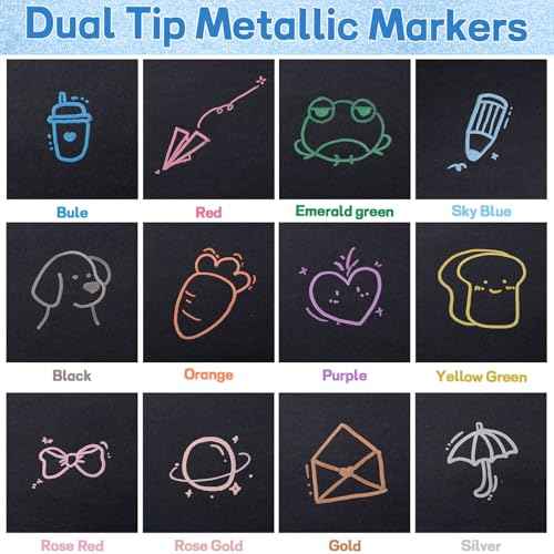 12 Pack Metallic Markers, Dual Tip Glitter Pens for Black Paper & Rock Painting Metallic Acrylic Paint Markers for DIY Crafts, Scrapbooking, Glass, Wood, Cards Alcohol Based Quick Dry Ink