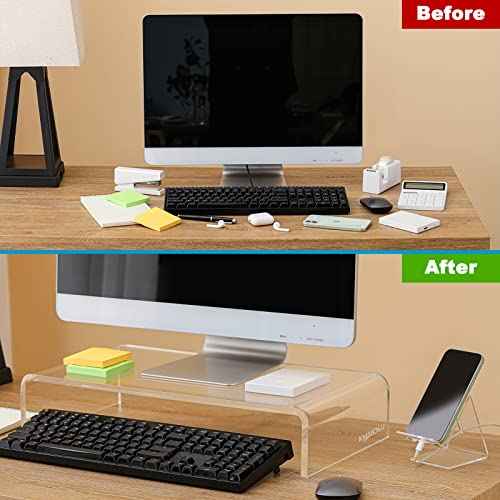 Premium Acrylic Monitor Stand | Clear Laptop Riser for Desk, Office and Home | Computer Stand for TV, Printer, and More | 16" L x 8" W x 4" H with Bonus Phone Stand