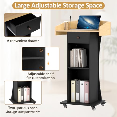 Baoz Yellow Black Portable Podium Stand with Lockable Wheels, Classroom podium