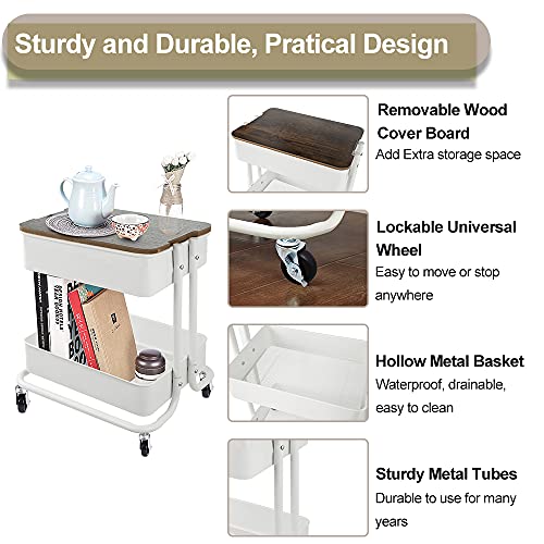 Melody House 2 Tier Metal Utility Rolling Cart Storage Organizer with Cover Board, Mobile Trolley Sofa Side Table with Wheels for Office Home Kitchen Organization, White