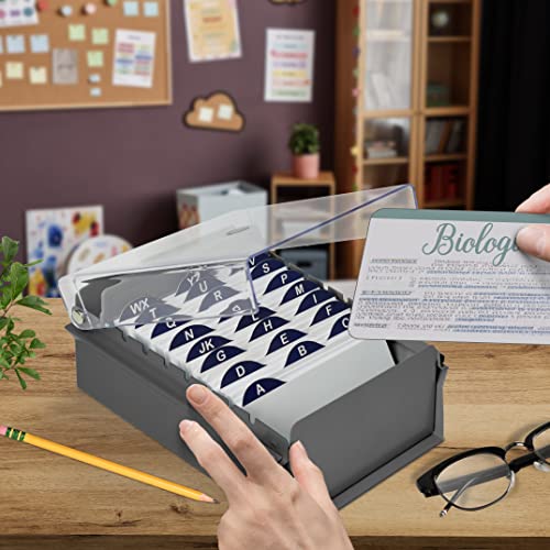 Acrimet 3 x 5 Card File Holder Organizer Box Metal Base Heavy Duty (AZ Index Cards and Divider Included) (Gray Color with Clear Crystal Plastic Lid Cover)