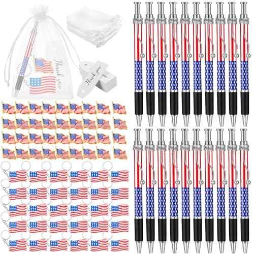 Qilery 250 Pcs Veterans Day Style American Flag Lapel Pins Ballpoint Pen Independence Day Flag Keychains Thank You Card Organza Gift Bag for Home School Office 4th of July Party Supplies