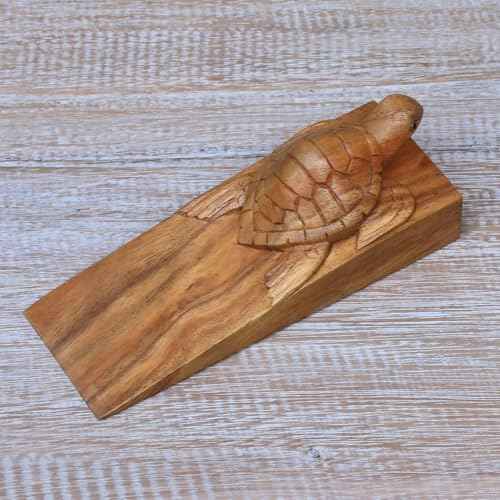 NOVICA Handmade Wood Baby Turtle Door Stopper, Brown, 'Baby Turtle'