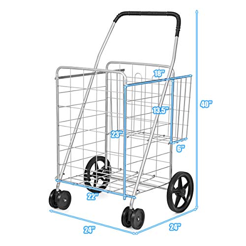 BETTARY Jumbo Folding Shopping Cart, Metal Grocery Cart on Wheels with Double Basket, Heavy Duty Utility Cart with 360¡Æ Swivel Wheels for Grocery, Laundry, Book, Luggage, Travel, Silver