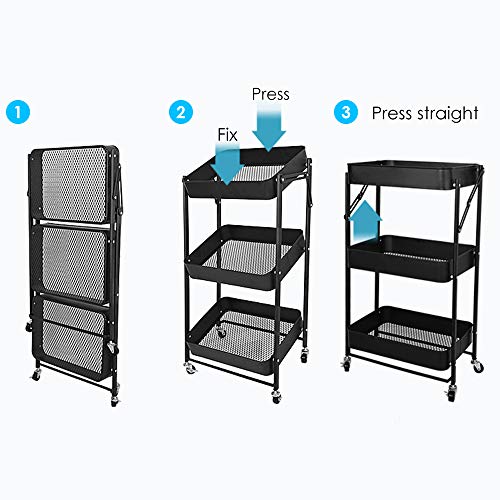 XIWODE 3 Tier Folding Metal Rolling Cart with Wheels,Black Mobile Organizer Service Cart for Kitchen Bathroom Office,No Assembly Need Trolley Shelf
