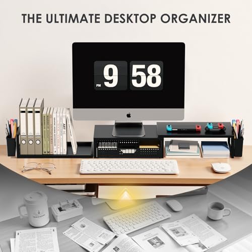 OPNICE Black Dual Monitor Stand Riser with Drawer & Pen Holders - Desk Organizer & Laptop Stand