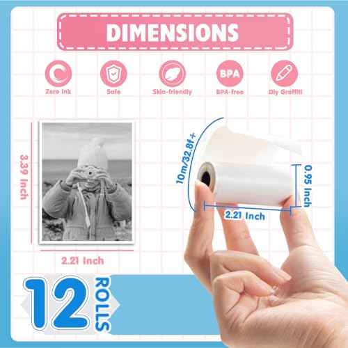 12 Rolls Mini Thermal Printer Sticker Paper, Kids Instant Camera Refill Print Paper, Atnadov HD Thermal Paper for Most Kids Instant Camera (White-12 Rolls Sticker Paper)