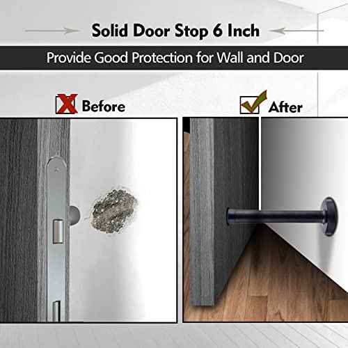 Long Door Stopper, Door Stops 5 Inch Wall Mount Door Stopper Wall Protector, Heavy Duty Solid Black Doorstop Brushed Stainless Steel with Soft Rubber Bumper Tips