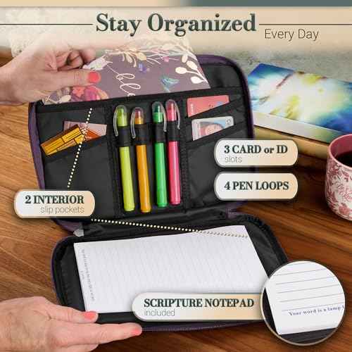 Christian Art Gifts Inspirational Vegan Leather Two-fold Organizer Bible Cover for Women, Jesus Fish Badge, Sturdy Carry Handle, Pen Loops, Pockets, Pen/Highlighter Combo & Notepad, Purple, Large