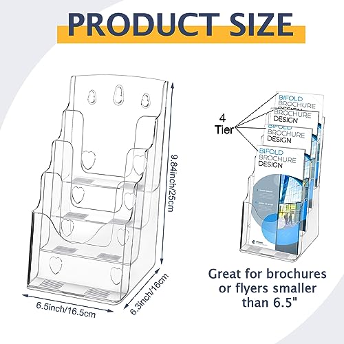 Crtiin 2 Pack 4 Tier Acrylic Brochure Holder Display Stand 6 x 9 Inch, Pamphlet Organizer Flyer Literature Clear Plastic Wall Mount Countertop for Classroom Booklets Magazines Office Home