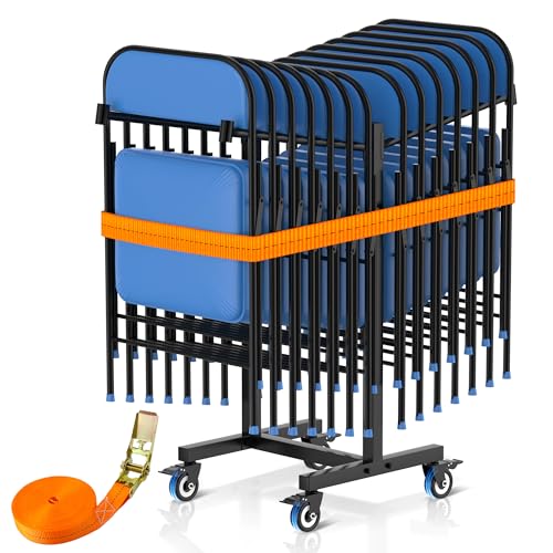 Folding Chair Rack,Chair Cart-Holds 12 Chairs,Compact Folding Chair Storage Rack-Adjustable Height,Sturdy Folding Chair Cart with 4 Locking Wheels and Pull Rope for Home,Office