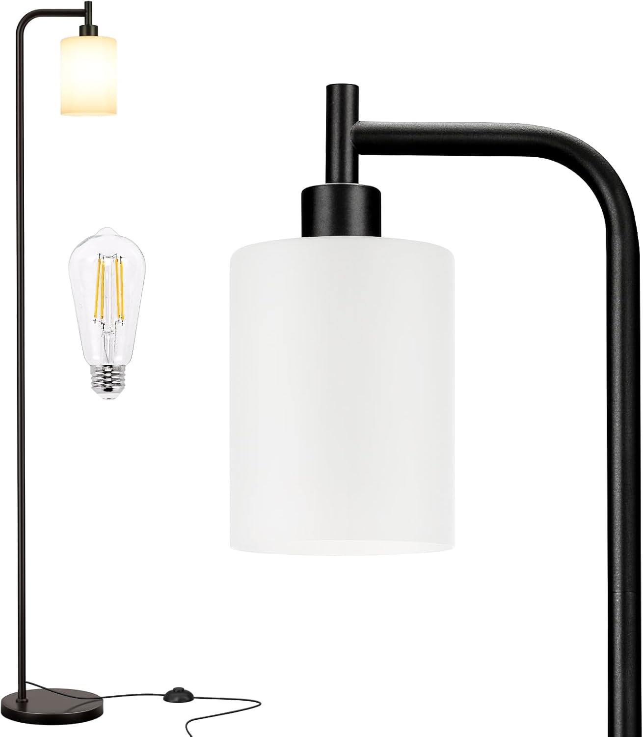 Ziisee Floor Lamp - Modern Industrial Standing Lamp with Frosted White Glass Shade | Black Tall Design for Living Room & Office (LED Bulb Included)