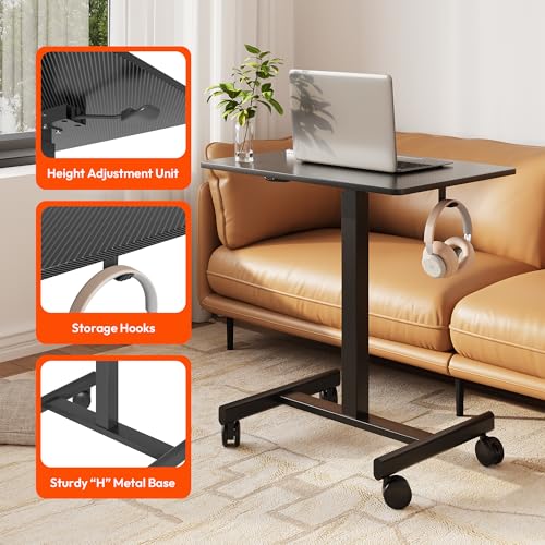 Gamork Carbon Fiber Black Standing Desk on Wheels, Pneumatic Height Adjustable, Mobile Home Office Desk