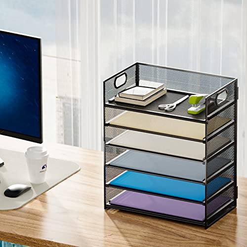 Marbrasse 6-Tier Mesh Paper Organizer Letter Tray with Handle - Black