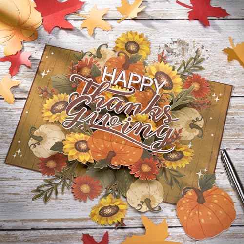 Happy Thanksgiving Pop Up Card, Pumpkin, Flowers, Thanks Giving, 3D Popup Greeting Cards, Gifts for Mom, Grandma, Girl, Women, Table Decorations, 5x7 - Includes Envelope And Message Note