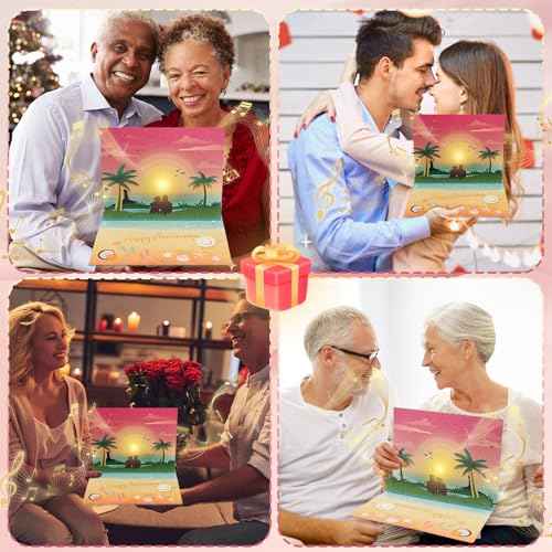 Anniversary Pop up Cards, Musical Anniversary Card with Sunset on the Beach View, Beach Vacation Invitation Card for Women Men Couple Wife Husband