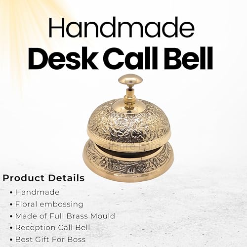 Vintage Brass Desk Bell with Floral Embossed Design - Loud Call Bell for Office & Hotel Reception