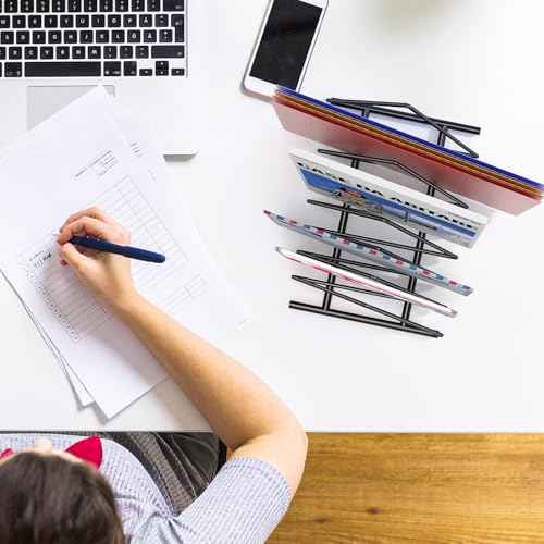 Triangle Desk File Organizer, 7 Slots Metal File Sorter Magazine Holder Document Rack,Desktop Bookshelf Organizer for Office Home School,Black