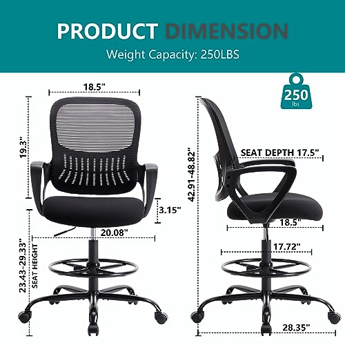DUMOS Drafting Chair - Counter Height Adjustable Tall Office Desk Chair with Fixed Armrests and Comfortable Lumbar Support for Standing Desk, Deep Black