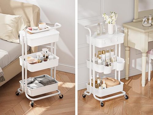 Pipishell 3 Tier Rolling Cart with Table Top, Utility Cart with Wheels & 4 Hooks, Rolling Storage Cart for Home Storage and Organization, White, PIUC09W