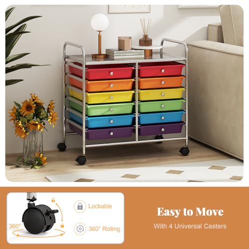 RELAX4LIFE 12-Drawer Rolling Storage Cart, Colorful 24.5'' Mobile Craft Organizer