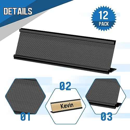 LEIFIDE 12 Pack Aluminum Name Plate Holder for Desk 2 x 8 Inch Blank Name Plates Office Business Desk Holder Desktop Table Display for Back to School Business Office Meeting Teacher Classroom(Black)