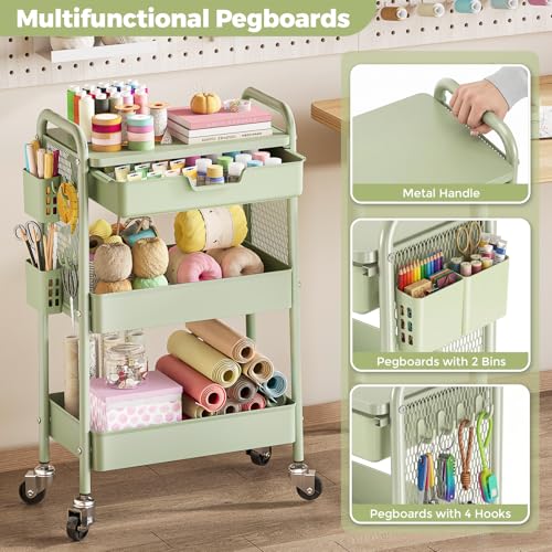 KINGBOARD 3 Tier Metal Rolling Cart with Drawer (Green) – Utility Storage Cart