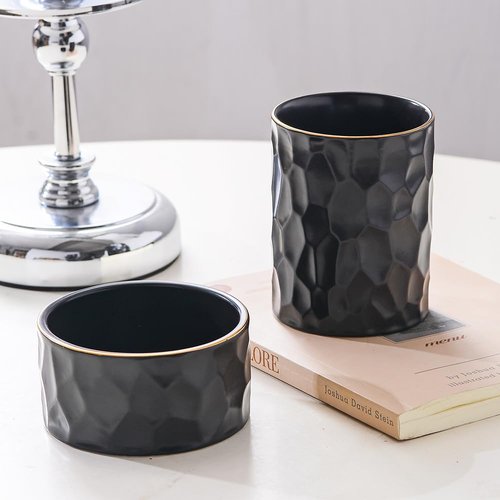 Aesthetic Desk Organizer Set of 2 For Office, Ceramic Pen Holder and Paper Clip Holder Dispenser, Cute Pencil Cup Pot for Desk, Desktop Accessories For Women Men, Office Decor Ideal Gifts (Black Set)
