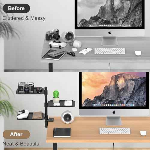 3 Tier Metal Clamp On Desk Shelf - 360¡Æ Rotatable Above/Under Table Storage, Adjustable Desktop Organizer for Home Office & Gaming, Storage Tray for Devices & Accessories